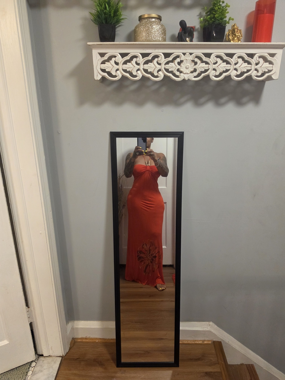 Strapless Orange Maxi Dress with Floral Detail